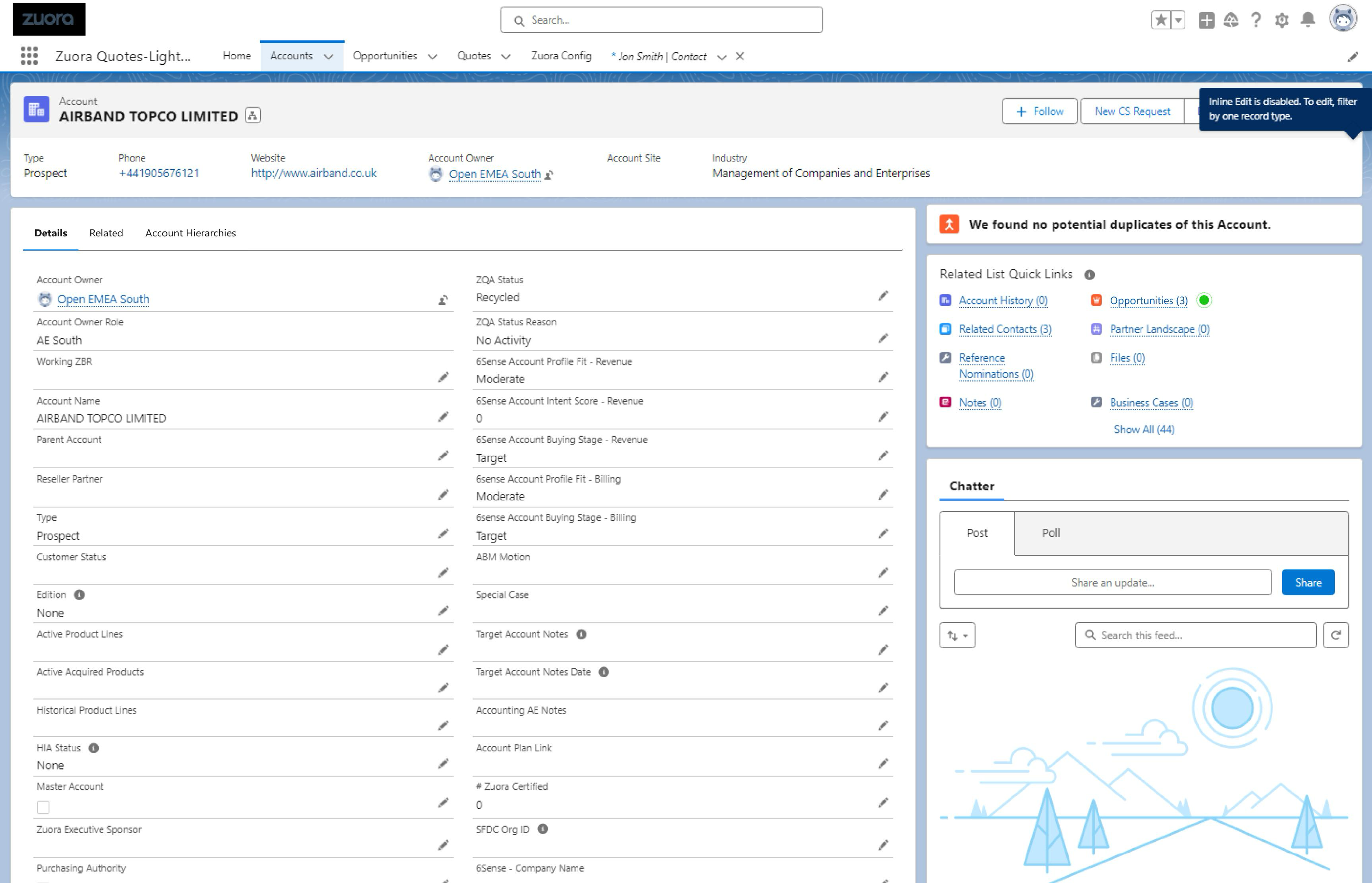 Account Record Page — Details tab for a prospect account, showing the accordion field layout and related-list quick links.