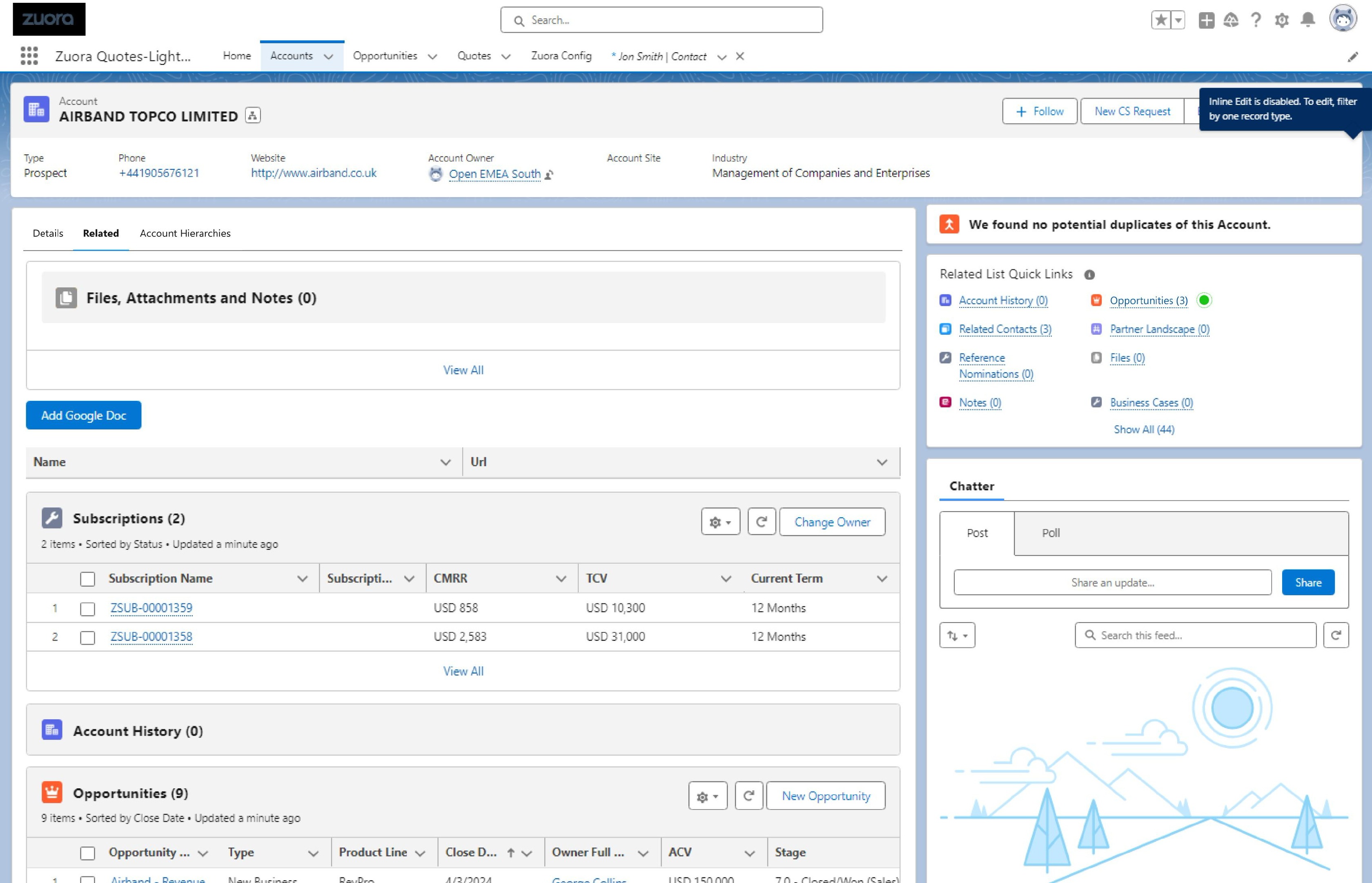 Account Record — Related tab with subscriptions, opportunities, and account history.