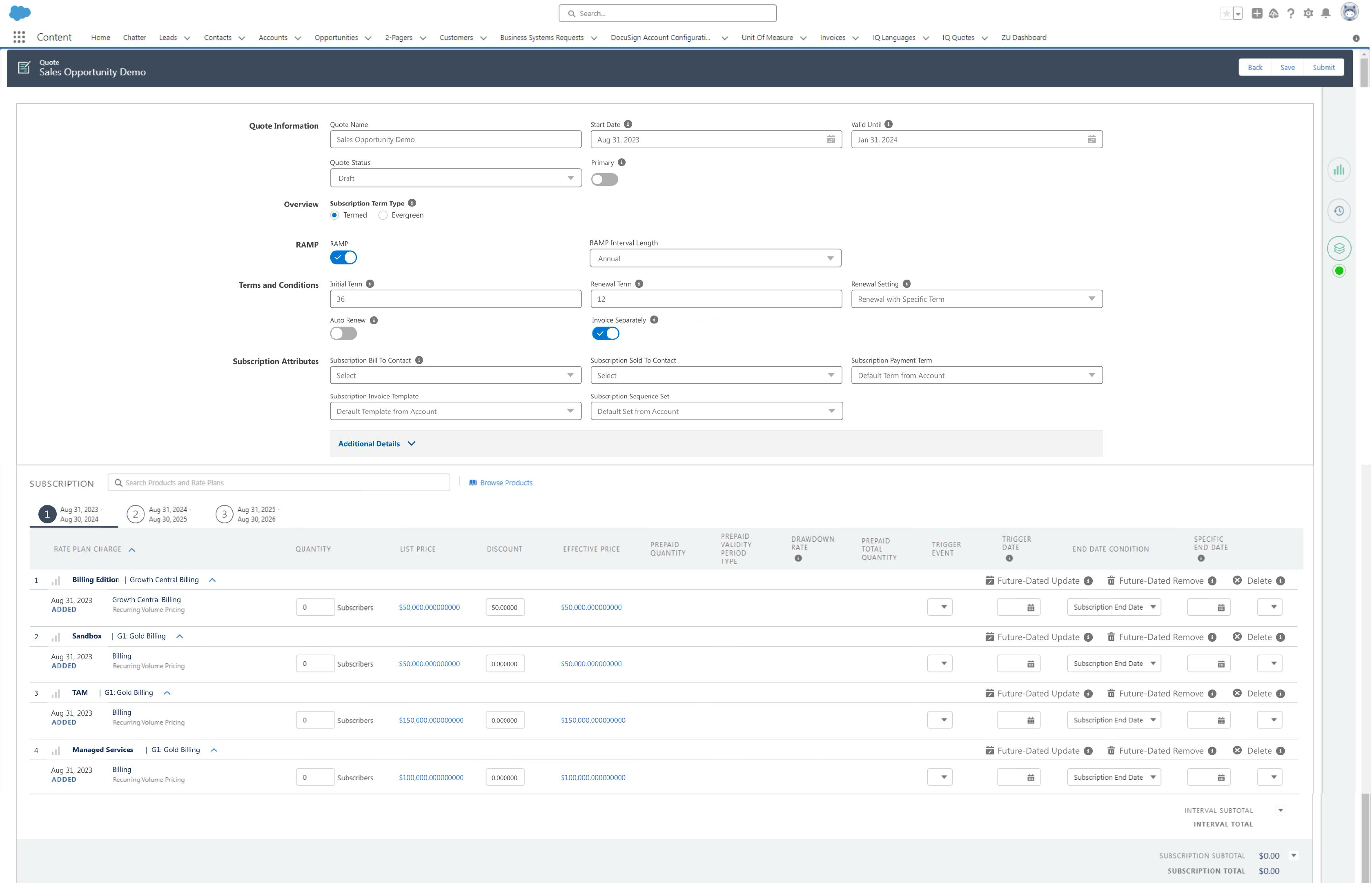 Quote Record Page — Quote Information, RAMP, Terms and Conditions, Subscription Attributes, and the rate-plan charge table.