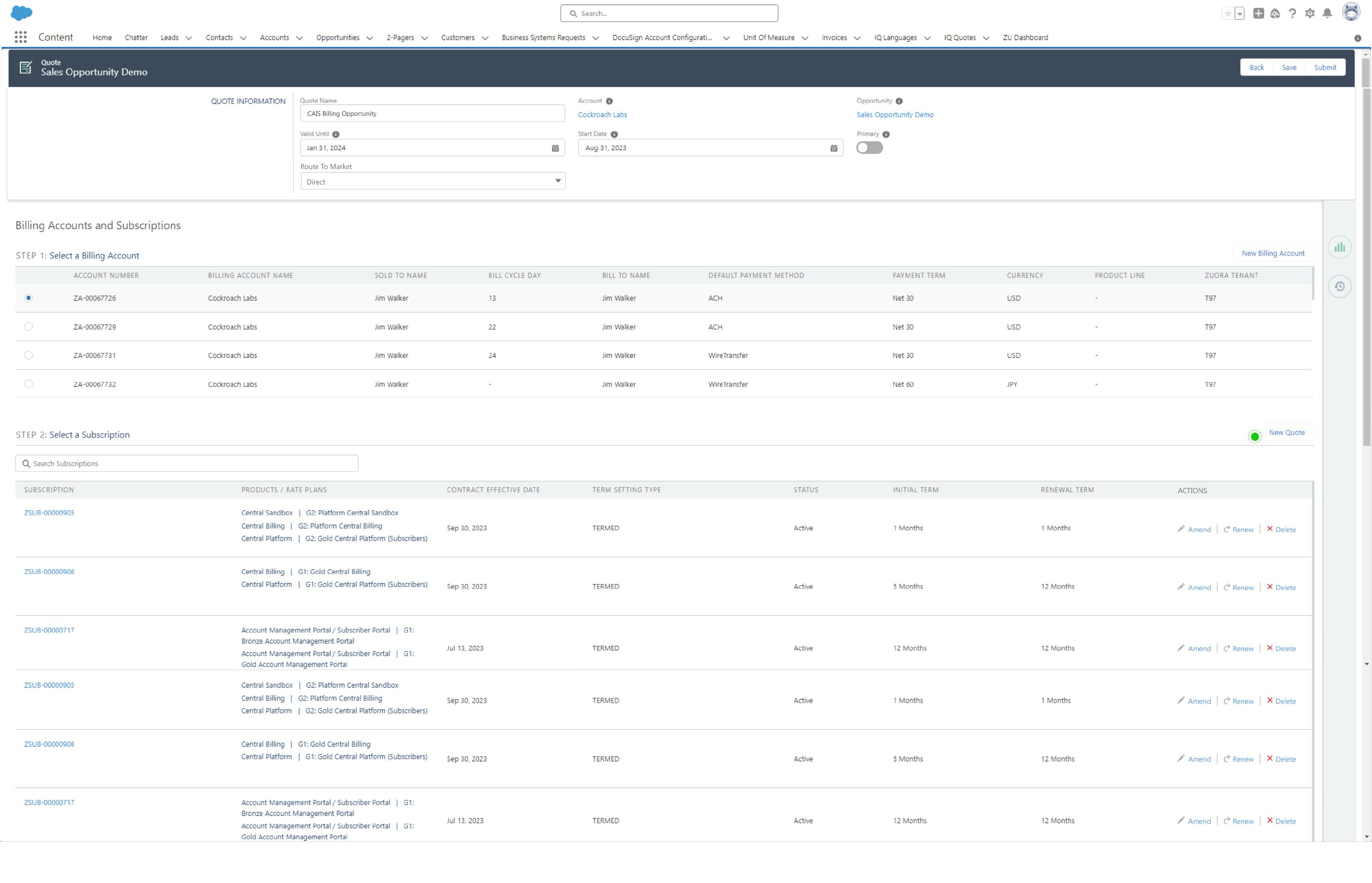Quote — Billing Accounts and Subscriptions selection step.
